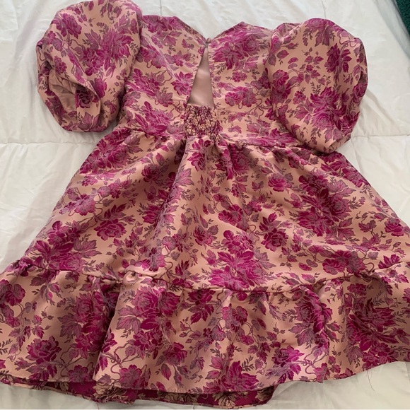 Anthropology Floral Pink Mini Babydoll Dress with Puff Sleeves Size L - Picture 6 of 16